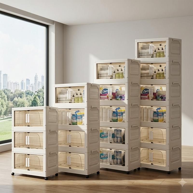 GoldSnake Installation Free Foldable Storage Cabinet, Stackable Plastic Storage Organizer with Magnetic Double Doors and Clear Panels, Easy Assembly Collapsible Cabinet with Wheels for Closet Laundry Room Office
