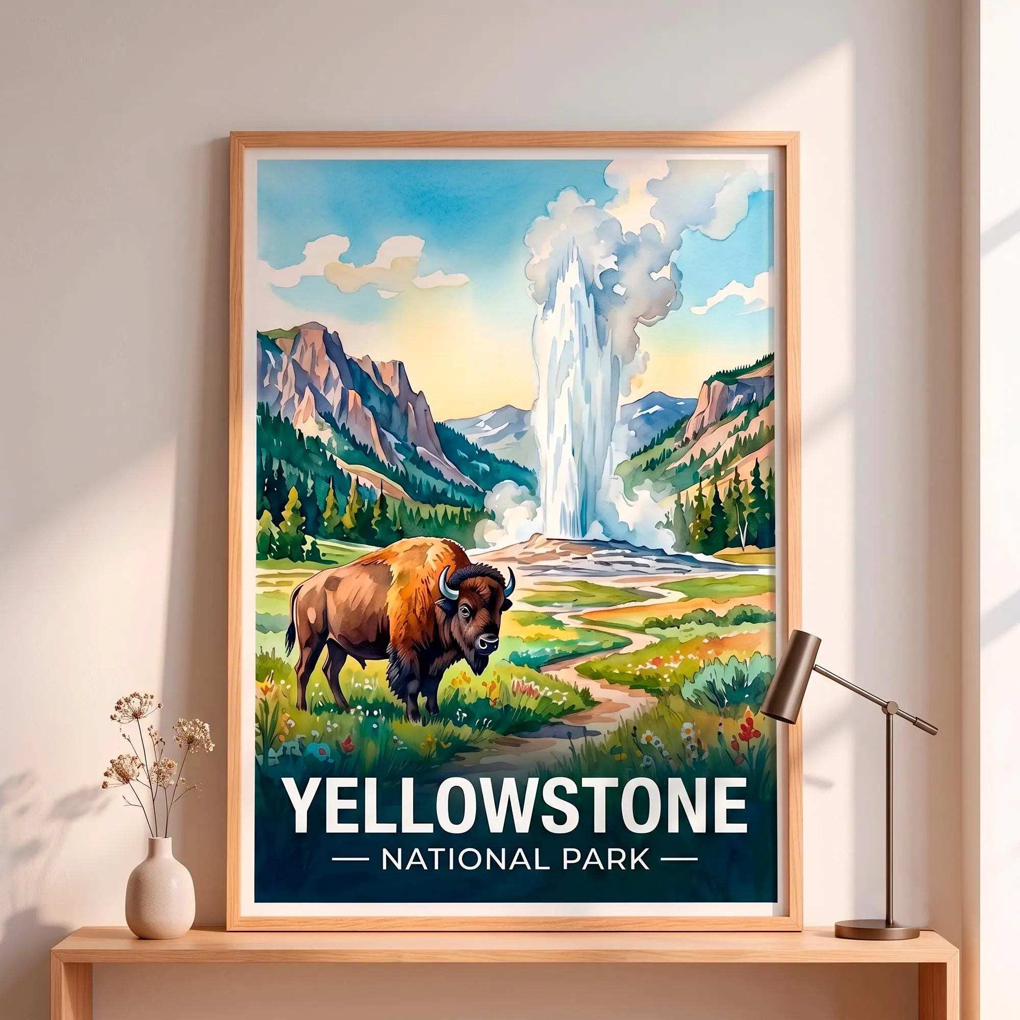 Vintage Yellowstone Poster | Old Faithful Bison Art | National Park Travel Print | Watercolor Nature Wall Decor | Rustic Cabin Decor Gift