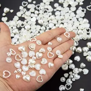 500Pcs 3D Beige Ivory White Heart Pearls Nail Beads Charms, Multi Shapes, Pearls Beads Flat back Pearls 3D Nail, nail art