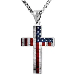 American Flag Cross Necklace Patriotic Pendant Religious Jewelry For Men Women