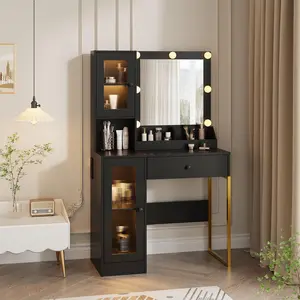 Garvee Makeup Vanity Desk with LED Lights and 3-Color Dimmable Mirror, Featuring Organized Storage Drawers and Built-in Charging Ports, Perfect Bedroom Vanity for Women and Teens