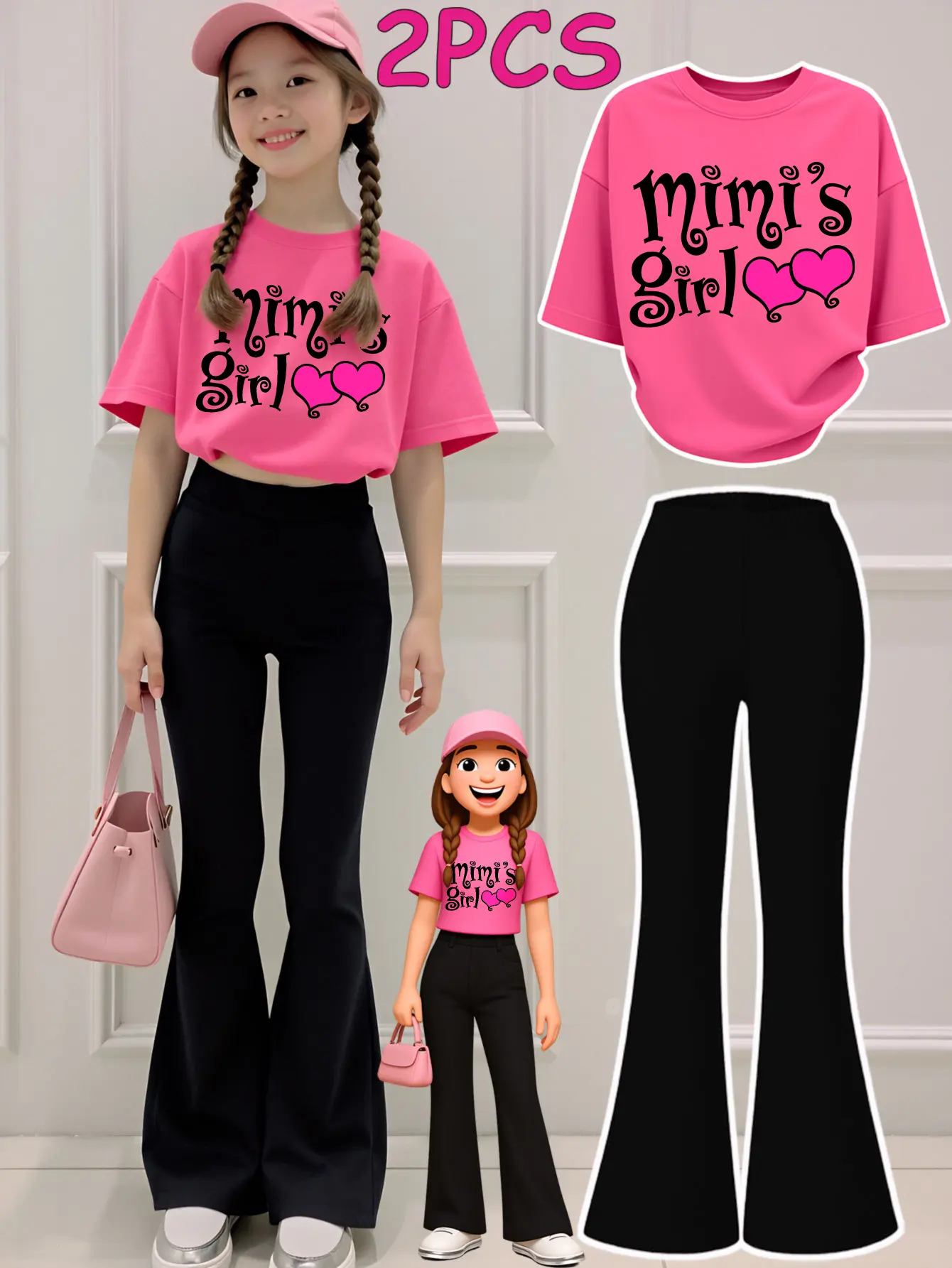 2PCS  Tween Girls Clothes T-Shirt Set  Mimi's Girl Heart Pattern Print Print Girl Clothes Short-Sleeved Round Neck T-Shirt Bell Bottom Pants Set Perfect For Outdoor  Kids Clothes Summer Outfits Set, Polyester, Outdoor Wear