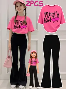 2PCS  Tween Girls Clothes T-Shirt Set  Mimi's Girl Heart Pattern Print Print Girl Clothes Short-Sleeved Round Neck T-Shirt Bell Bottom Pants Set Perfect For Outdoor  Kids Clothes