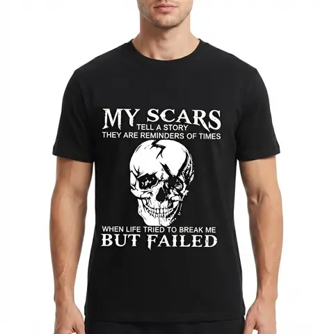 Men's Fade-Proof Graphic Skull Hoodie - Menswear Streetwear, Fitted Unisex, Soft Breathable Fabric, Long Sleeve T-Shirt, Drawstring, "My Scars Tell a Story" Bold Print, Fall-Winter Casual Sweatshirt