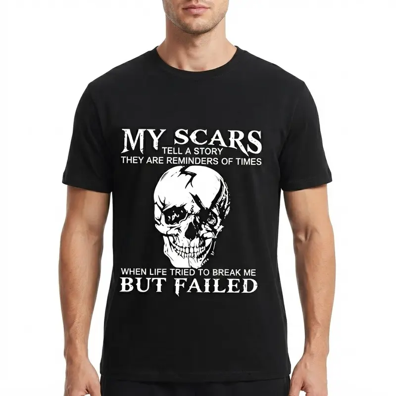 Men's Fade-Proof Graphic Skull Hoodie - Menswear Streetwear, Fitted Unisex, Soft Breathable Fabric, Long Sleeve T-Shirt, Drawstring, "My Scars Tell a Story" Bold Print, Fall-Winter Casual Sweatshirt