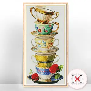 Coffee Cup Pattern Cross Stitch Kit, 1 Set Coffee Cup Pattern Cross Stitch Printed Canvas, DIY Cross Stitch Kit for Beginners, Cross Stitch Kit for Gift