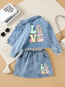 Easter Love Girl Denim Set, Spring Lightweight Comfortable Rabbit Print Jacket Short Skirt Two-Piece, Ages 8 and Below