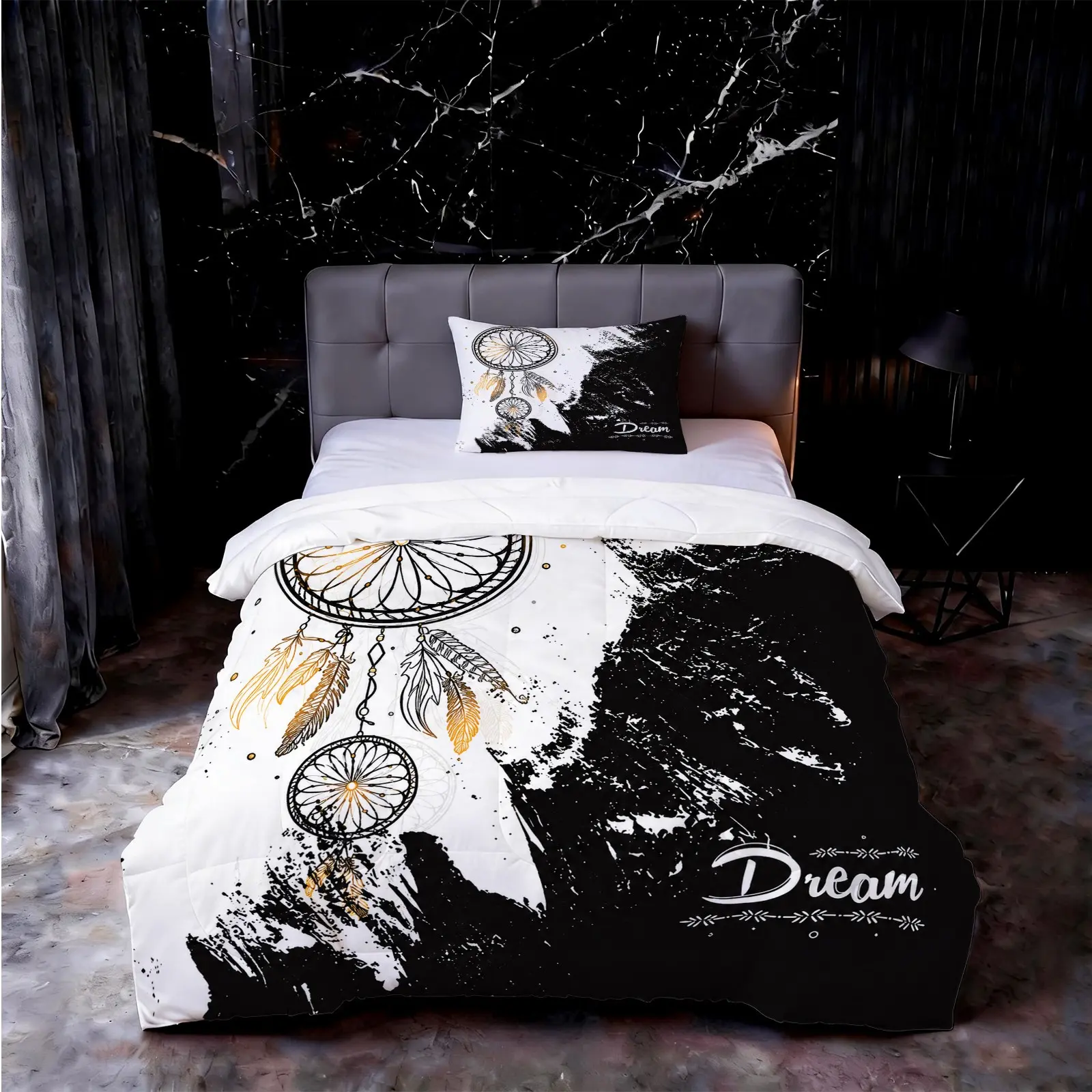Black & White Dreamcatcher Comforter Set, 2/3 Pieces (1 Comforter + 1/2 Pillowcases, No Pillow Insert Included), Boho Style in Multiple Colors, U-shaped Quilted, Soft & All-Season, Perfect for Teens & Adults Bedroom Decor and Gifting