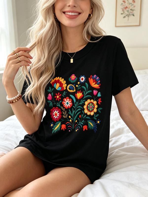 Women's Soft Crew Neck Short-Sleeves Pure Cotton Floral Mexican Folk Print A-Type Tshirt - Lightweight Fitted Streetwear Top, for Casual, Outdoor Use, All Seasons