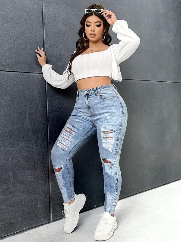Plus Size Women's Comfortable Elastic Skinny Jeans with Ripped Details, High Waisted Street Style Denim Jeans for All Seasons