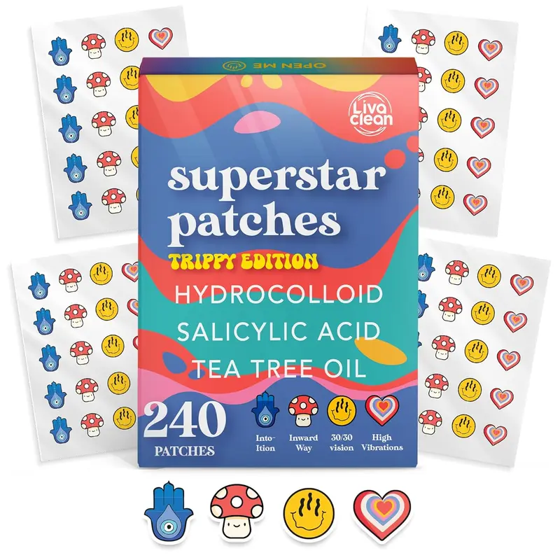 LivaClean Superstar Trippy Edition Hydrocolloid Blemish Barrier Patches - 240 Non-Toxic Acne Spot Treatment Patches with Salicylic Acid, Tea Tree Oil for Blemish Relief Care, Pore Purifying (For Sensitive, Youth & All Skin Types)