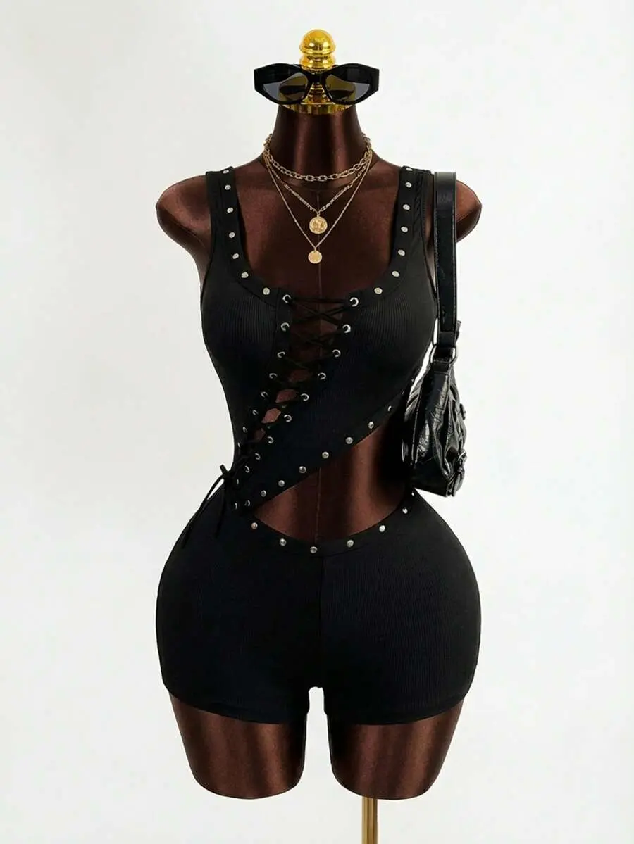 Mistrie Women's Black Sleeveless V-Neck Drawstring One-Piece Pants, Asymmetric Cutout Punk Studded Streetwear For Summer, Club Night, Rave & Halloween