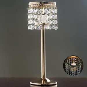 Crystal Beaded Chandelier Candle Holder 12" Gold - Stunning Metal Tealight Stand for Pillar Candles
