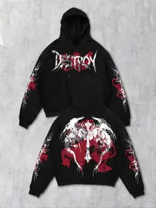 Men's Simple Hooded Sweatshirt, Gothic Vintage Dragon Print, Fall Winter Casual Fashion, Comfortable Loose Fit Outdoor Sportwear