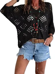 100% cotton Women's V Neck Crochet Knit Tops Short Sleeve Hollow Out Sheer Sweaters Oversized Beach Cover Up Shirts Casual Batwing Bandeau Womenswear