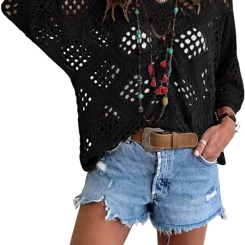 PHEFEE Women's 100% Cotton Oversized V-Neck Short-Sleeve Batwing Blouse - Casual Crochet Texture, Hollow-Out Sheer Diamond Geometric Knit, Beach Swimsuit Coverup, Lightweight, Pairs with Bandeau/Bikini, Sizes Include 2xl-3xl (Consider Sizing Down)