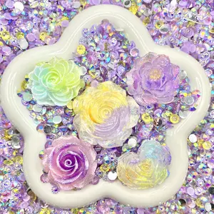Lavender Lemonade - Rose Rose Mix - Floral Resin Cabochon Mix with Rhinestones – Assorted Flower Resin Charms for Whipped Cream Glue, Resin Art & Mirror Decoration