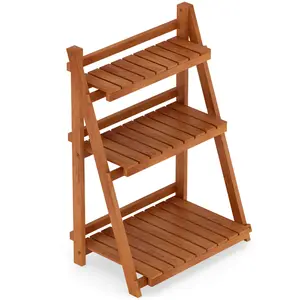 COSTWAY - Foldable 3-Tier Solid Wood Plant Stand for Patio Balcony