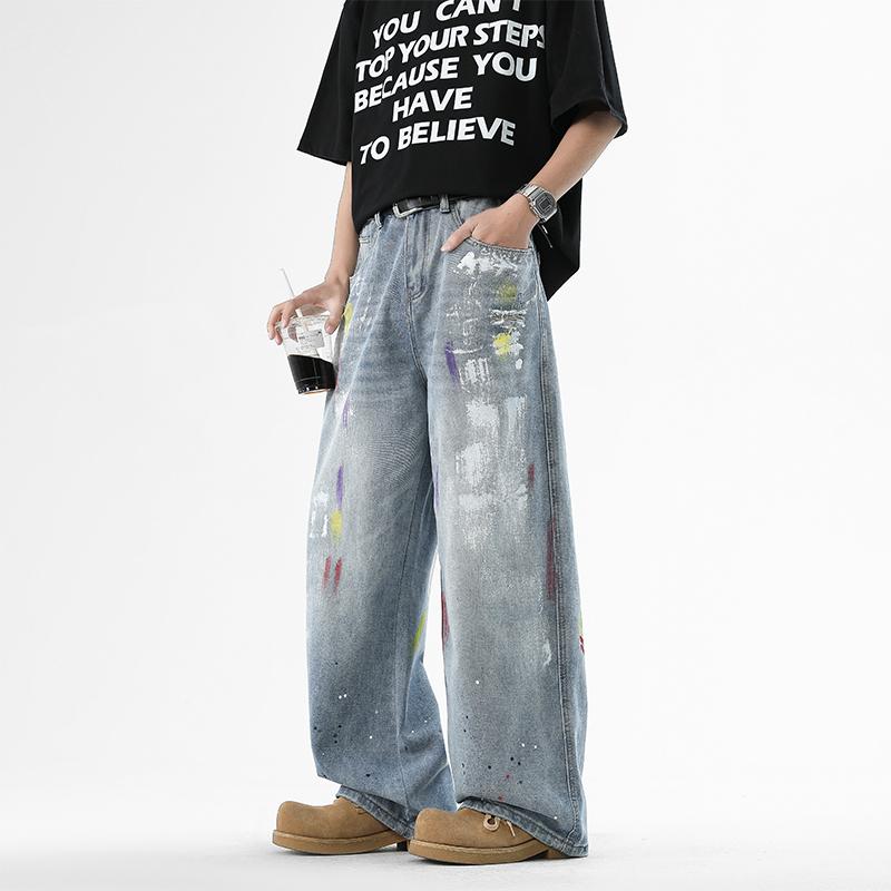High Street New Trendy Brand Ripped Printed Jeans, Men's Washed Vintage High Street Long Pants for Spring and Fall, Loose Casual Versatile Straight Leg Pants, Niche Design Graffiti Splash Straight Mid-Rise Jeans, Wide Leg Trousers, Men's Jeans, Men's Bott