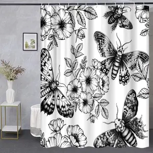 Butterfly & Flower Pattern Shower Curtain, Waterproof Polyester Bathroom Curtain, Bathroom Decor Supplies for Home Hotel Salon Dormitory