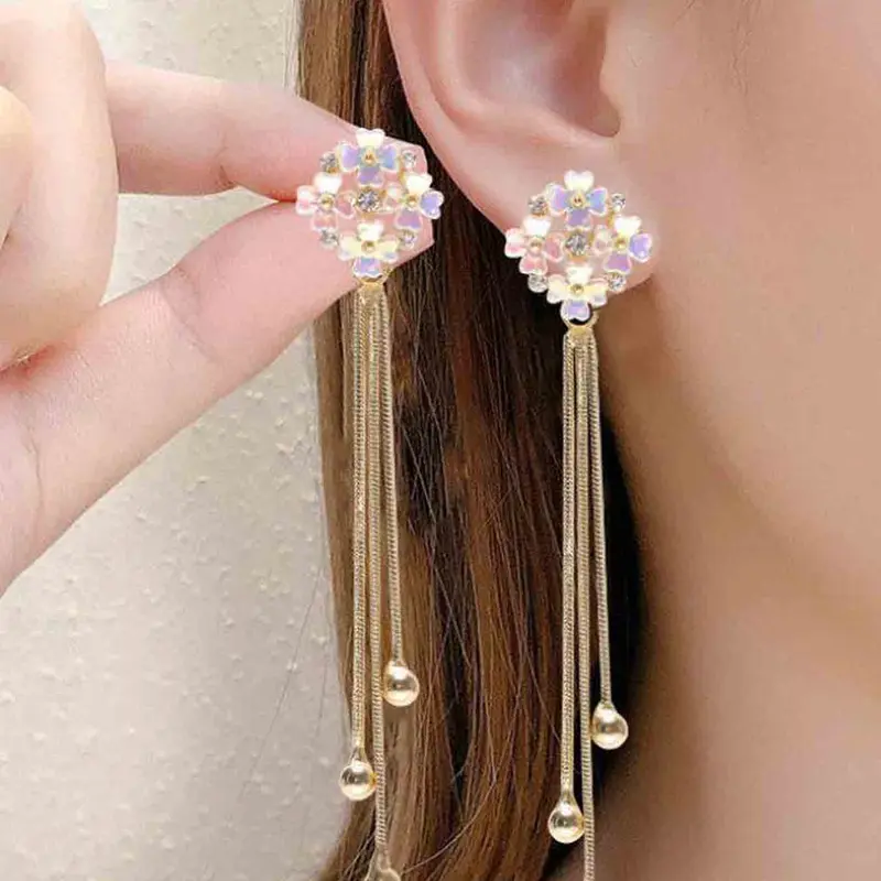Fashionable Floral Metal Fringe Long Earrings, Flower Earrings, Elegant Simple Style for Women, Perfect for Parties and Daily Wear, Fashionable Jewelry Accessories