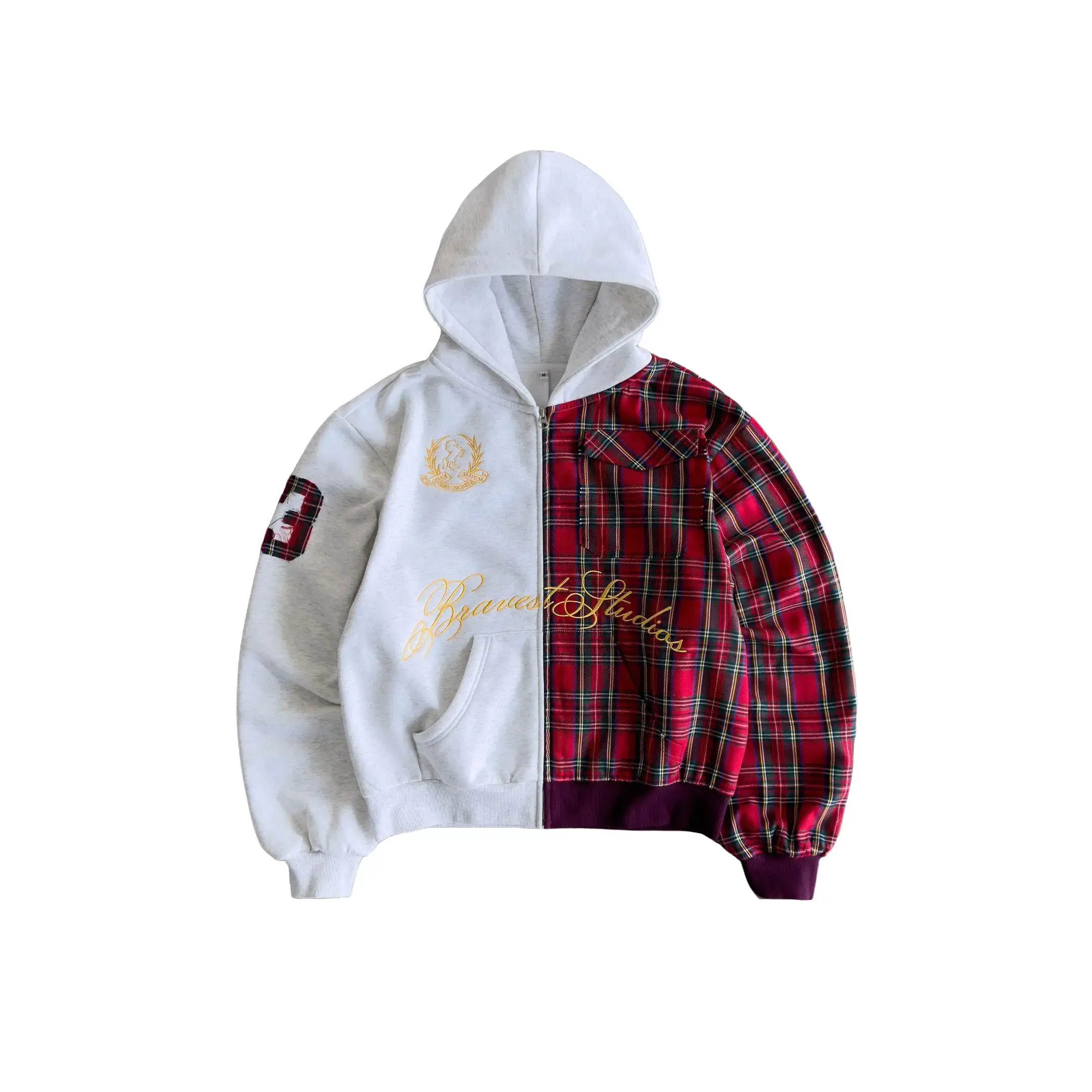 Half Plaid Zip Hoodie