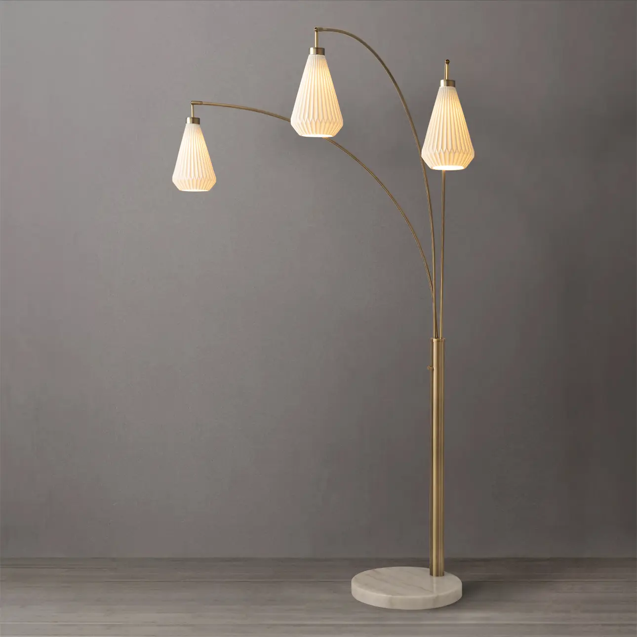 Concord Bone Porcelain Shade 3 Light Arc Floor Lamp - 85", Weathered Brass & Walnut, Dimmer Switch