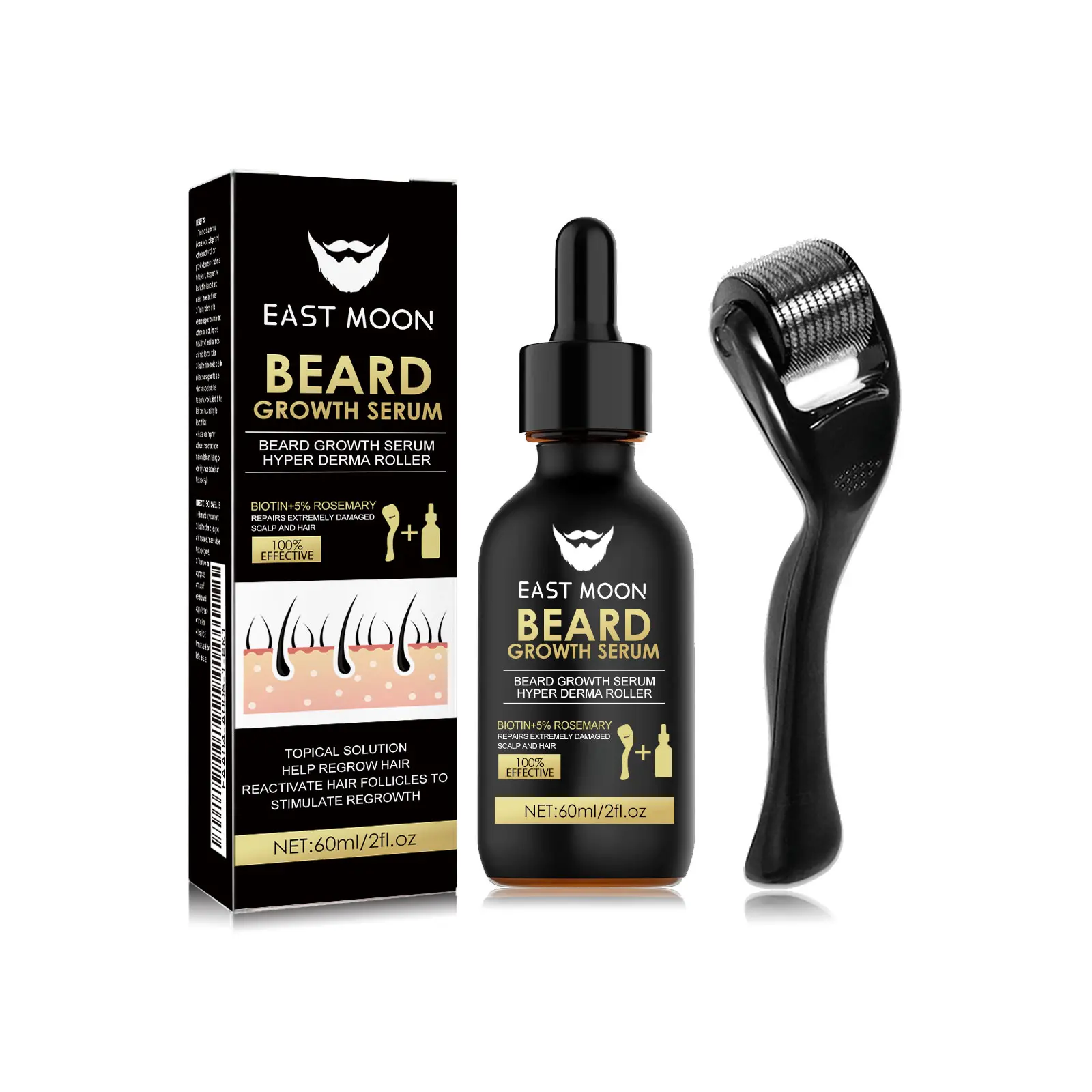 EASTMOON Beard Growth Serum & Beard Massage Derma Roller Kit,  Beard Care Nutritional Oil, Making Beard Thicker and Shinier, Daily Beard Care Products and Tools for Men, Gift for Father/Husband/Boyfriend