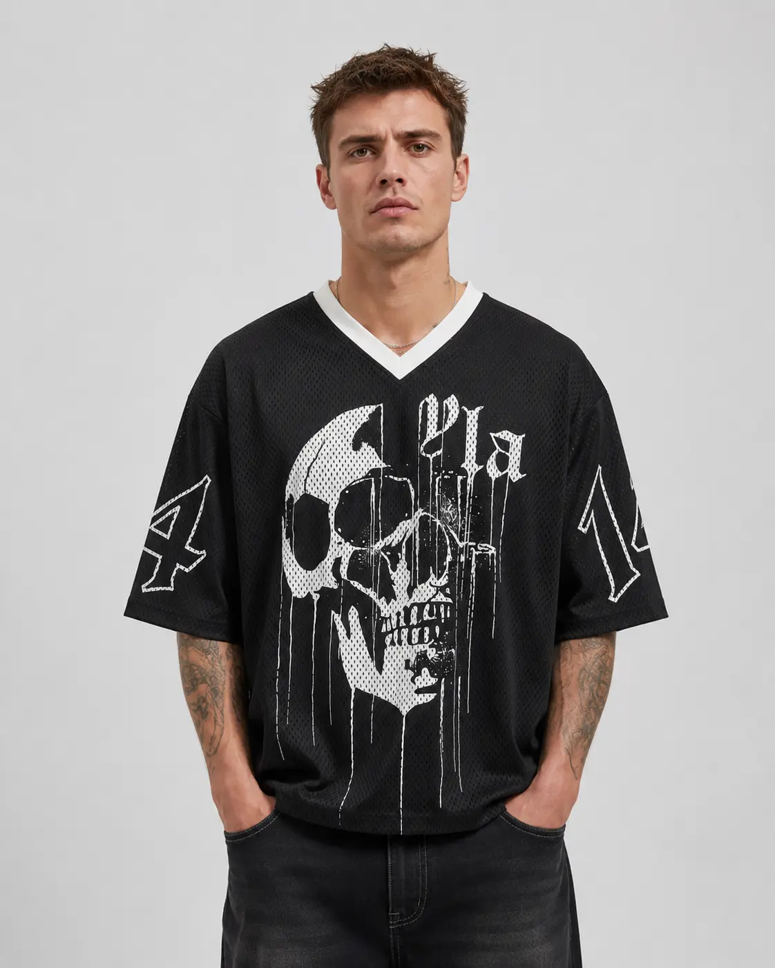 Skull Graphic Mesh Football Jersey Gothic Streetwear V Neck Oversized Sports Tee Breathable Unisex Jersey