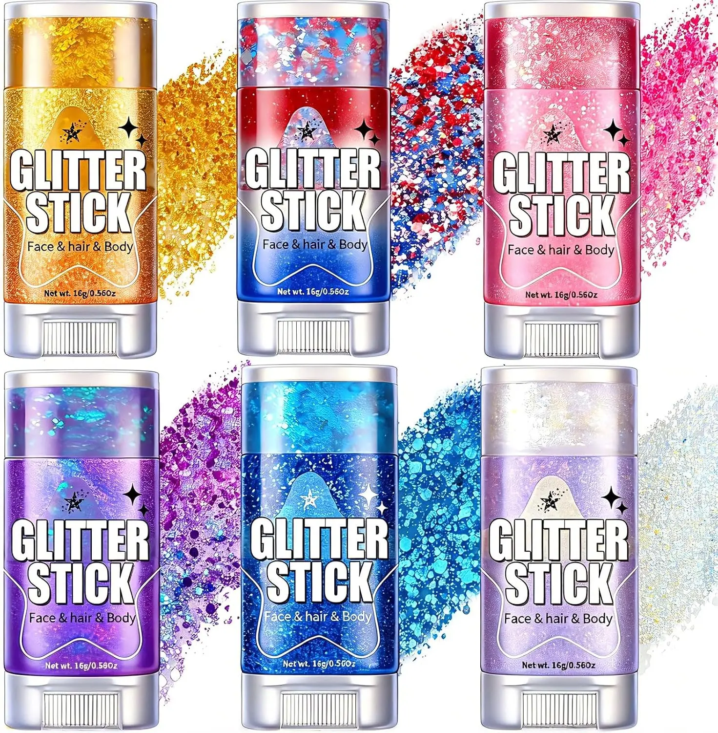 AROIC 6Pcs Body Glitter Stick, Sparkly Mermaid Face Glitter Makeup for Kids | Waterproof Rave Outfits Accessories for Women, Holographic Sequins Hair Glitter for Festival Singer Party Concert Cosplay
