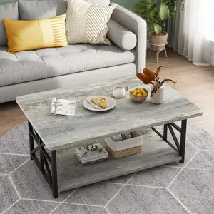 Lamerge Coffee Table with Round Corners, 2 Tier Coffee Table with Storage Shelf, Rectangular Center Table for Living Room Farmhouse Style, Tea Table