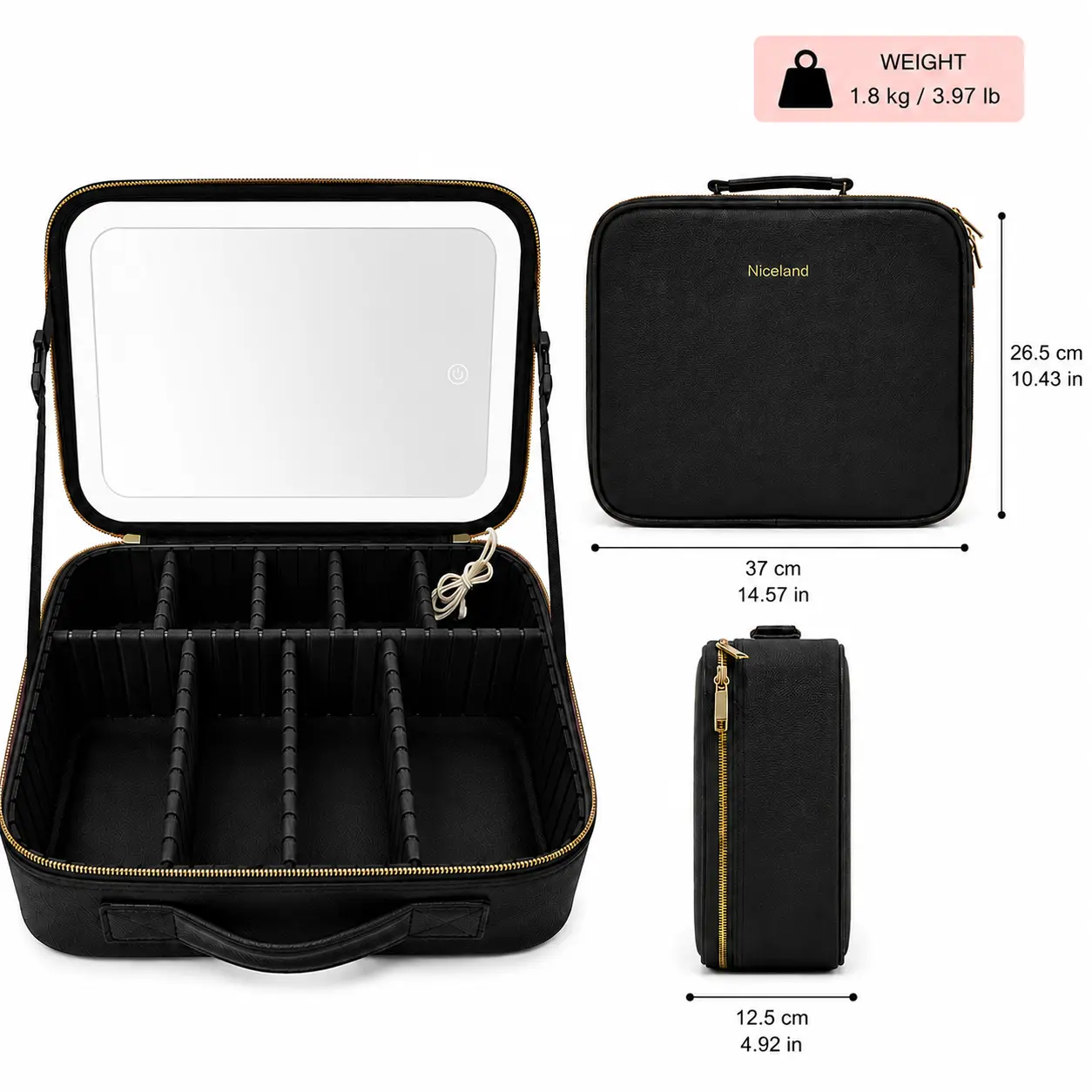 Extra Large Makeup Bag with LED Mirror, Adjustable Dividers, Large Capacity Travel Cosmetic Organizer for Makeup & Skincare, Black