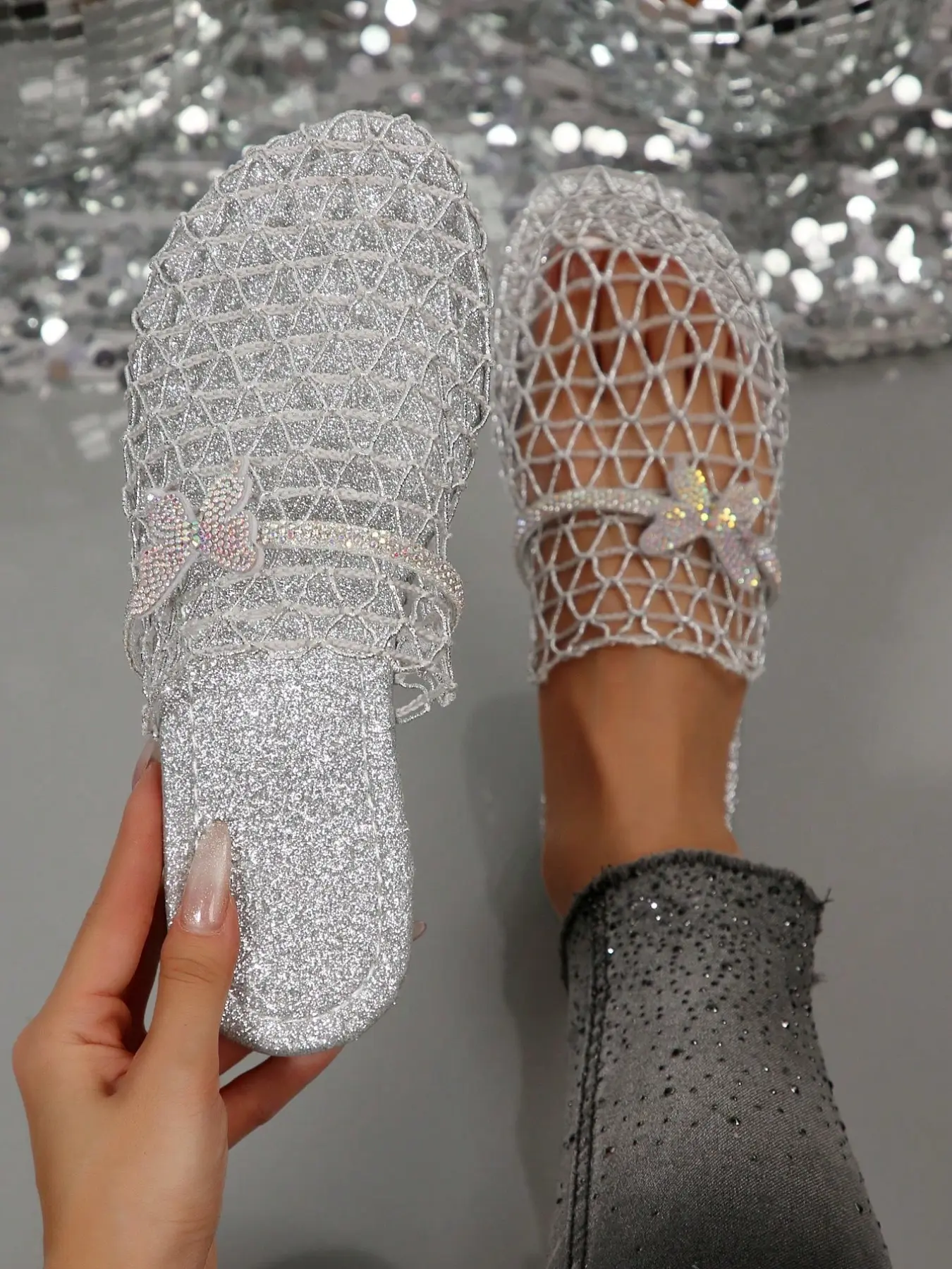 French Low Heel Mesh Rhinestone Shoes, Hollow Out Square Toe Slippers, Sliders Shoes, Casual Summer Breathable Footwear, Comfortable and Stylish, Women's Fashion