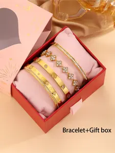 4-piece stainless steel diamond inlaid bracelet set with exquisite gift box, French elegant and fashionable style, perfect for gift giving and daily commuting, Elegant jewelry bracelet
