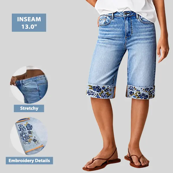 Flamingals Wash Roll Hem Embroidery Mid Waist Bermuda Shorts Womens Casual Denim Flamingals Wash Roll Hem Embroidery Mid Waist Bermuda Shorts Womens Casual Denim