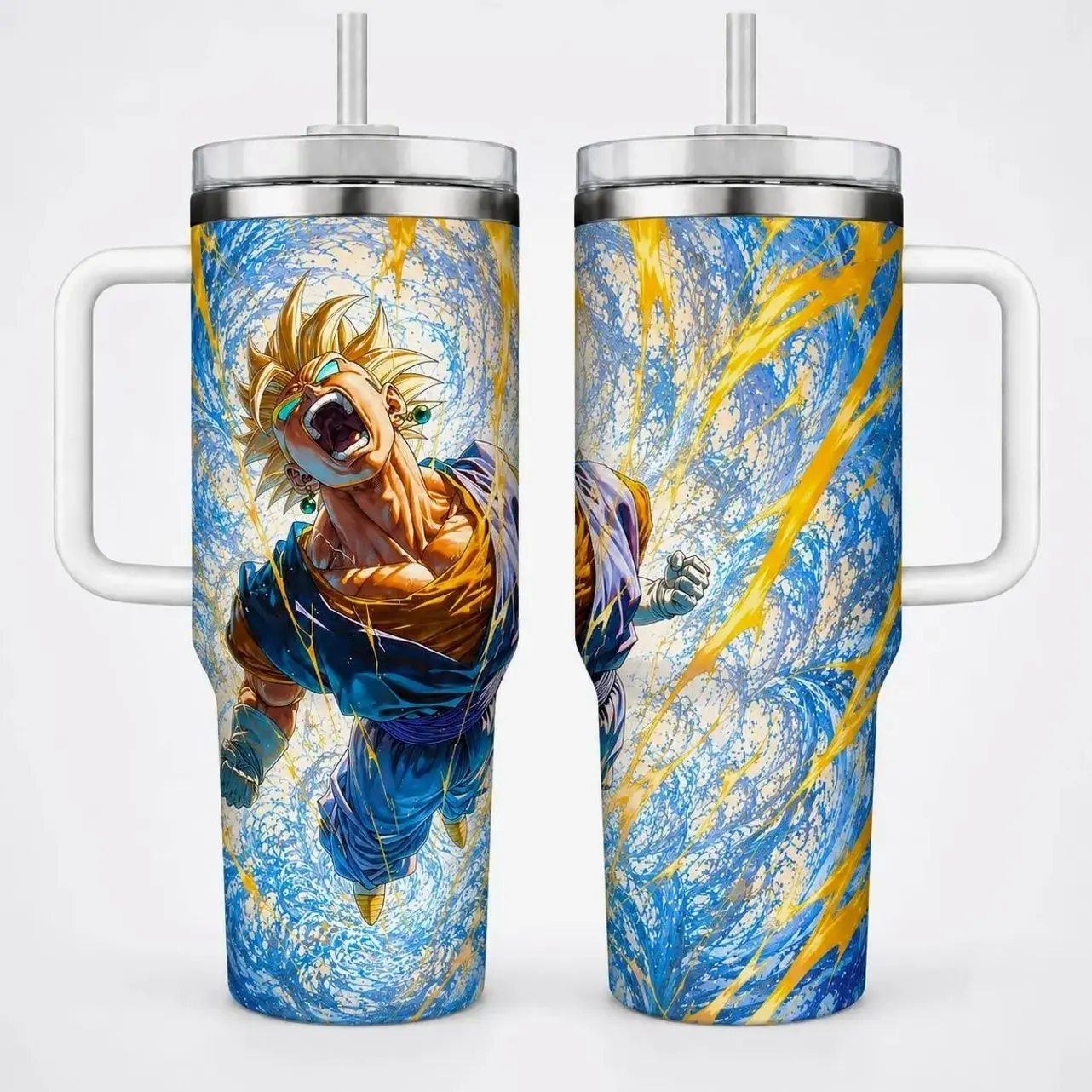 Golden Saiyan Anime Warrior 40oz Tumbler with Handle, Electric Power Manga Cup, Shonen Fighter Fan Gift