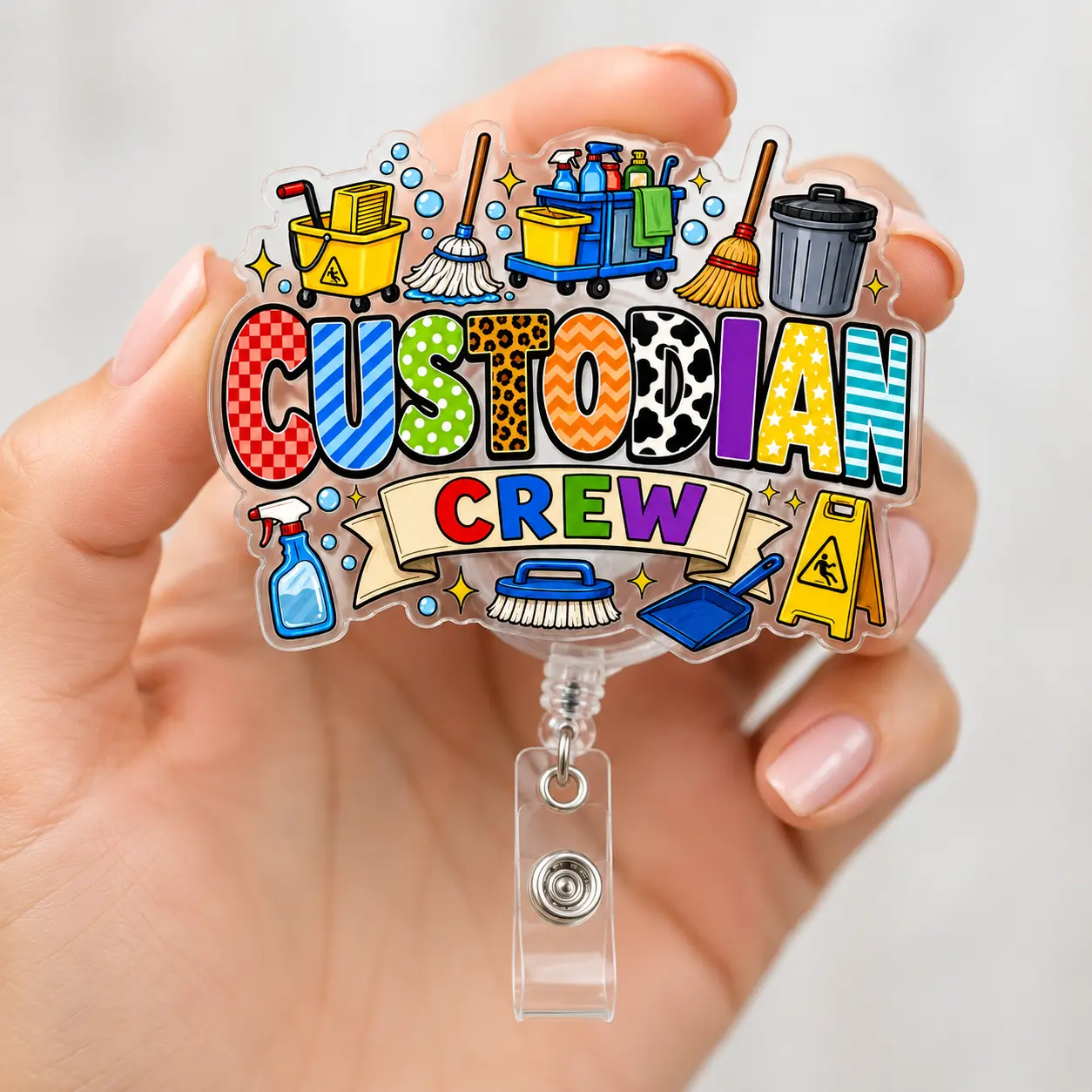 Badge Reel for Custodian Crew, Cute Acrylic Retractable ID Badge Holder with Cleaning Cart Mop Bucket and Safety Sign Design, Fun Work Accessory for Custodians Janitors and Cleaning Staff, 2 3 4 Inch