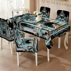 Vintage Baroque Clock Embossed Elastic Table Chair Set, Full Coverage Non-Slip, 5 Piece/7 Piece Tablecloth and Chair Cover Set