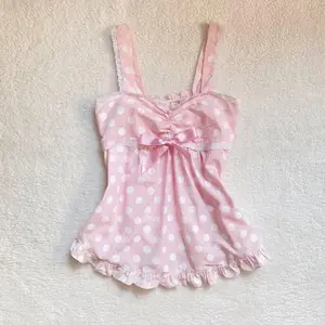 Women's sweet and cute fairy tale style Y2K casual slim fit crop top with polka dots, Kawaii bow lace, all paired with American Gothic cartoon top(Sheets)