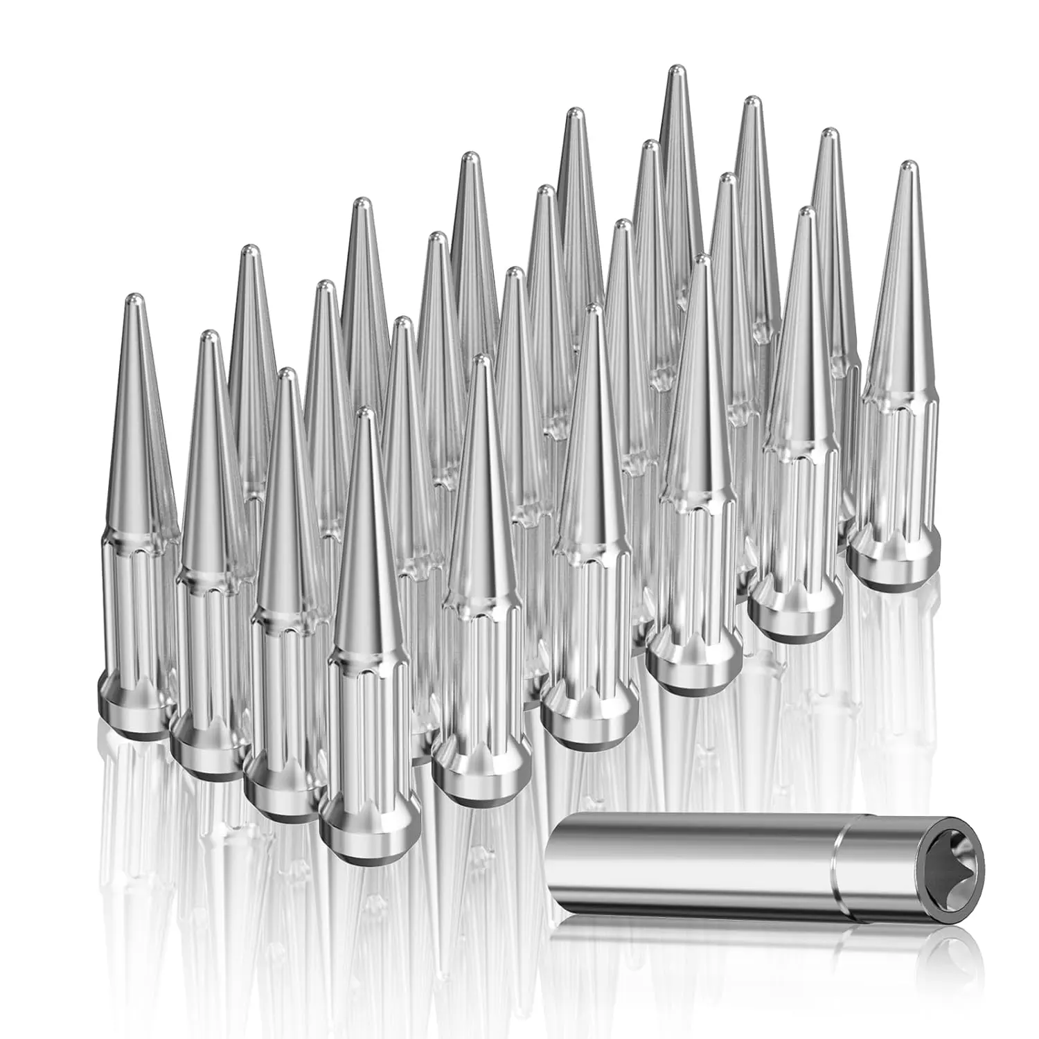24-Pack Closed End Wheel Spike Lug Nuts with Spike Lug Nut Socket Key, M14x1.5 Conical Bulge Seat, Compatible with Silverado Sierra 2500 3500, F250 F350 Aftermarket Wheels