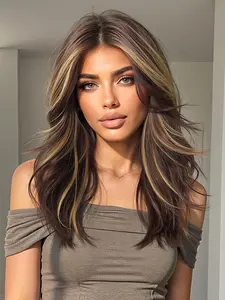 20 Inch & Blonde Long Synthetic Wavy Hair for Women, Synthetic Material Wigs, Gorgeous Fluffy Pre Styled Loose Wave Wig with Blunt Bangs, Synthetic Full Machine Wigs for Party, Daily Use