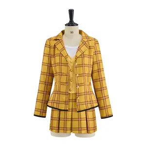 Movie Cher Horowitz Cosplay Costume Women Girls Yellow Plaid Suit Dress School Uniform Halloween Outfit