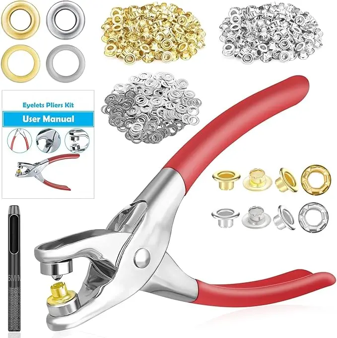 1203Pcs Grommet Eyelet Pliers Kit, 1/4 Inch 6mm(Inside Diameter) Grommet Tool Kit with 800 Metal Eyelets with Washers in Gold and Silver, Eyelet Grommet Hand Press kit