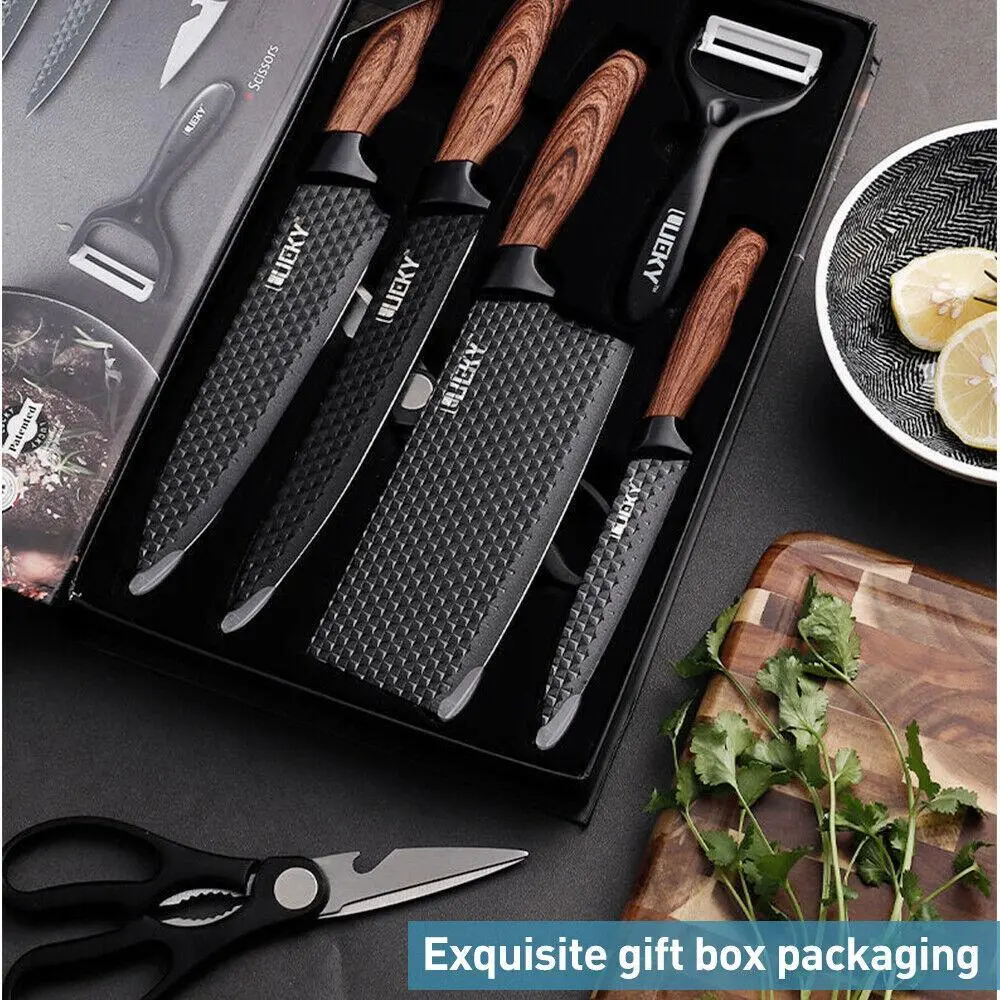 6 Piece Chef Knife Set, Black Kitchen Knife Set with Sharp Meat Knives, Non-Stick Stainless Steel, Wood Handle, Chef Knife, Small Cleaver, Meat Cleaver, Paring Knife