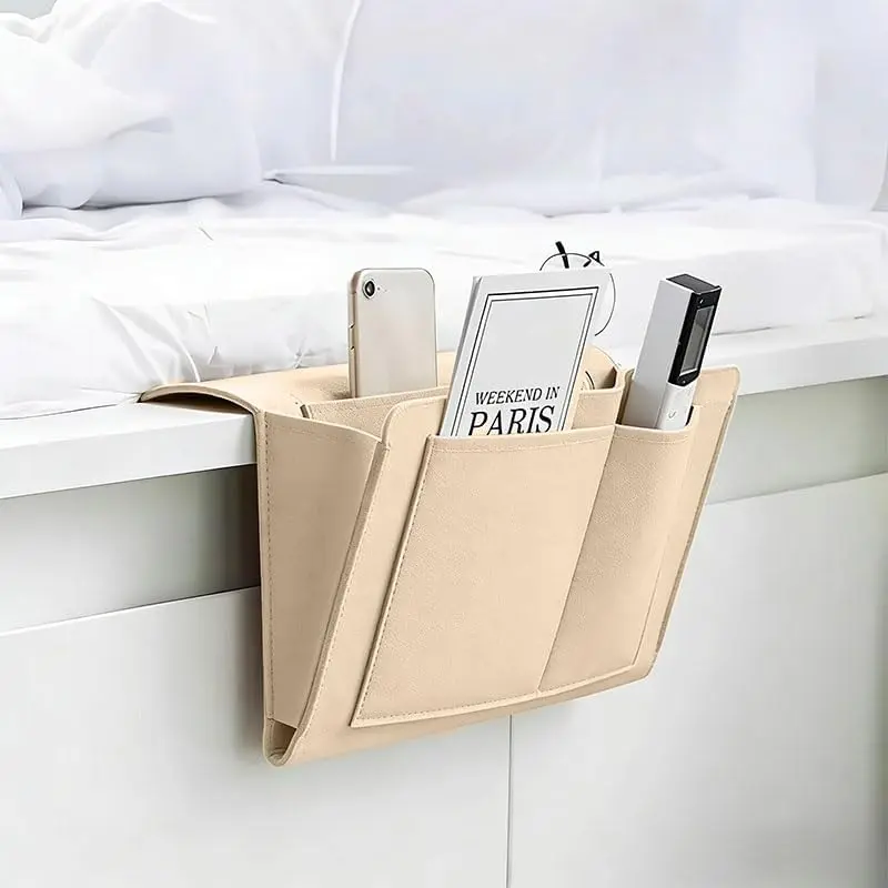 Bedside Storage Organizer with Pockets, Bedside Caddy, Table Cabinet Storage Organizer for TV Remote Control, Phones, Magazines, Tablets, Accessories, Living Room Office Chair Stowage Solution, Beige