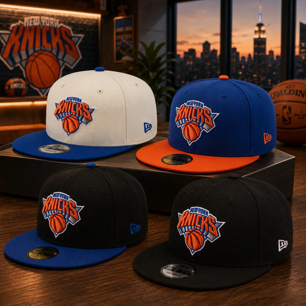 New Era New York Knicks Snapback Hat – NBA Team Logo Flat Brim Adjustable Cap, Classic Streetwear Basketball Baseball Cap for Men Women