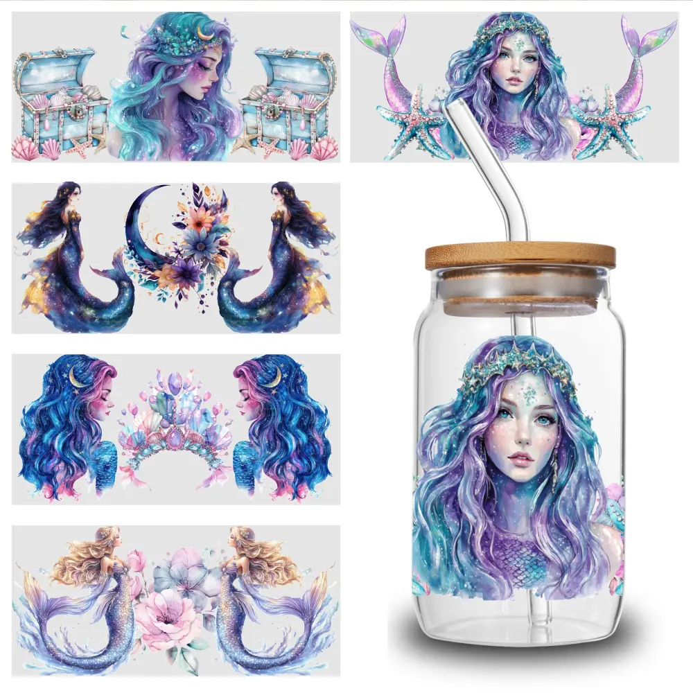 5 Sheets Mermaid Design UV DTF Stickers UV DTF Stickers Transfer Sticker Decal DIY Water Bottle Glass for 16 oz Tumbler Waterproof Rub on Transfers