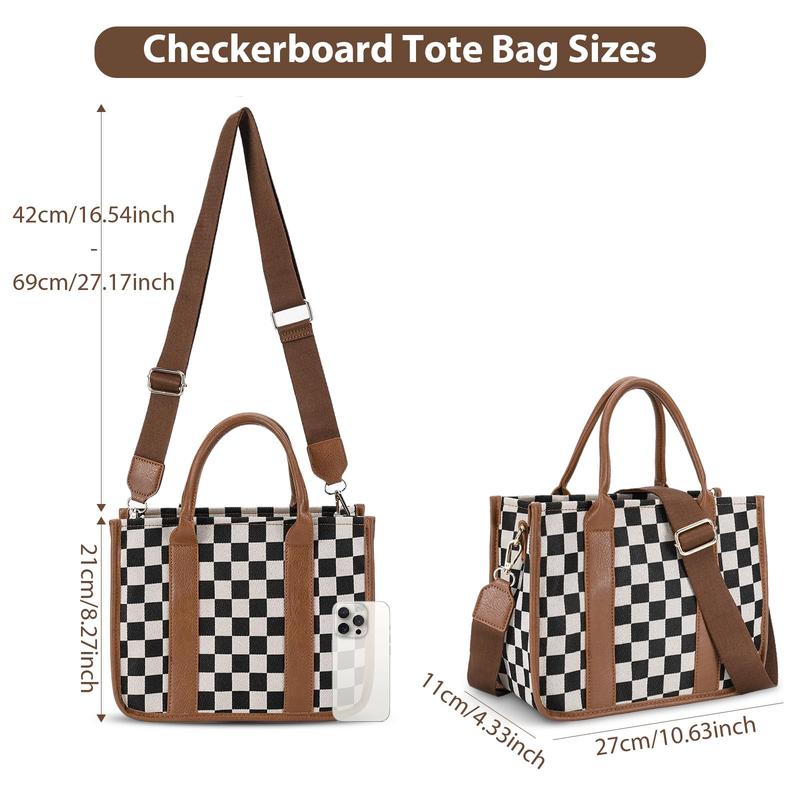 Checkered Crossbody Bag, Canvas Work Tote, Black and White Purse, Casual Tote Handbags for Work & Travel