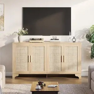 TV Stand for TVs Up to 70'', Natural Rattan Entertainment Center with Storage Cabinets, Boho Media Console Table for Living Room, Farmhouse Cabinet