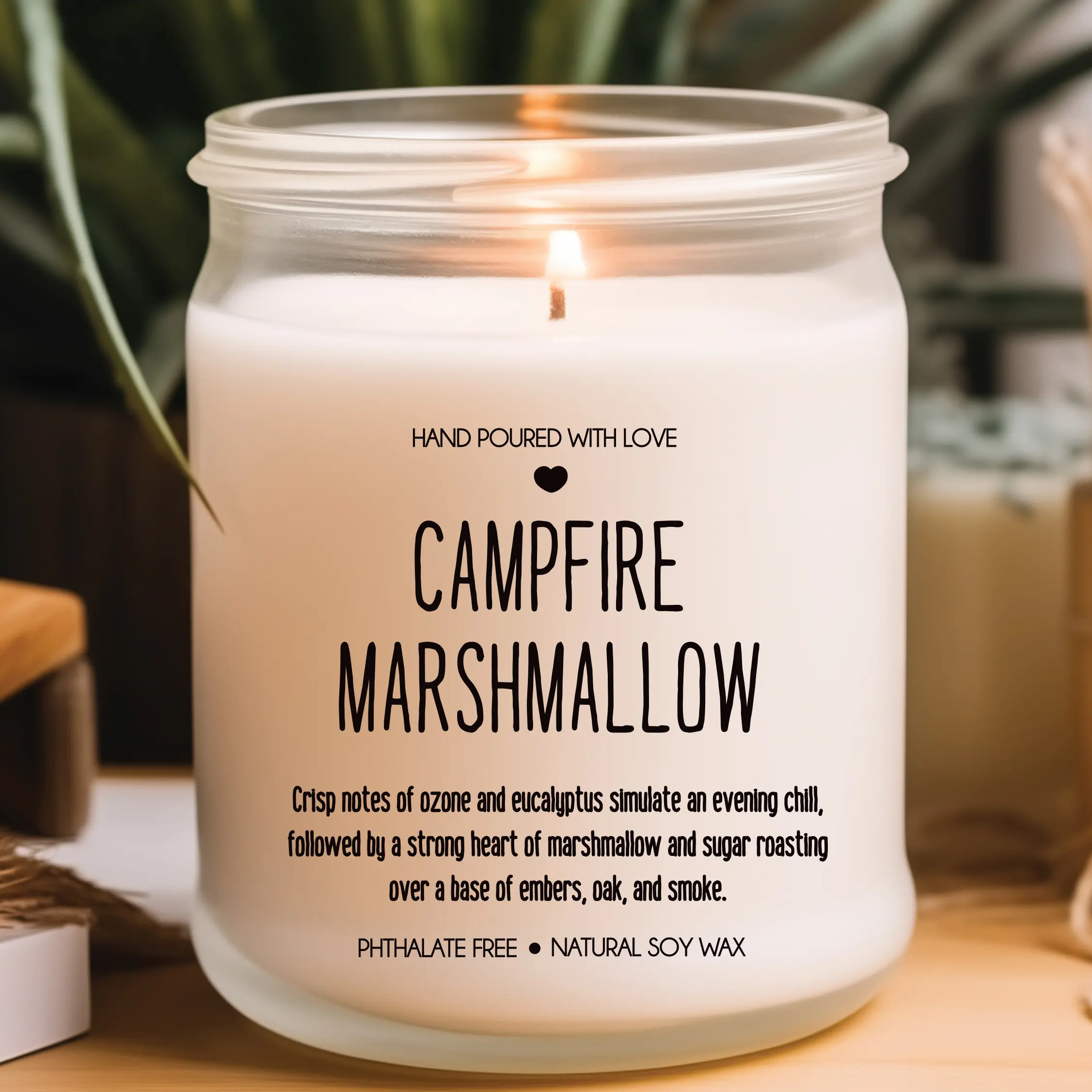 Campfire Marshmallow Soy Jarred Candle Aromatherapy Vegan Eco-Friendly with Eucalyptus & Marshmallow Scent for Cozy Ambiance 12.5 oz Glass Jar with Silver Lid